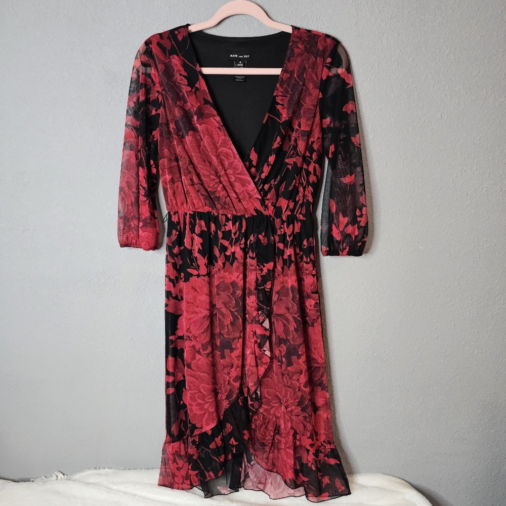 Kate and Lily Dress Womens 4 Mesh Floral V Neck Sheer Sleeve Ruffle Midi‎ Dark